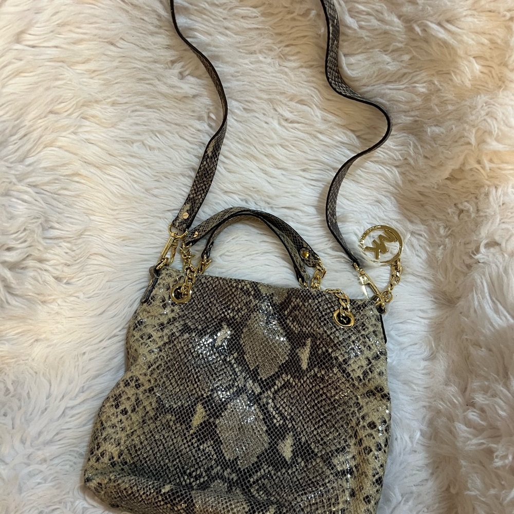 Michael Kors Cream and Black Crossbody Bag with Snakeskin Pattern